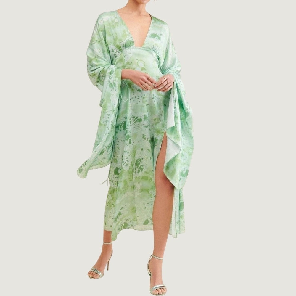 Maxi Dress Medium Boho Tie Dye Satin Ruched Bell Sleeve Green V-Neck - Picture 11 of 11